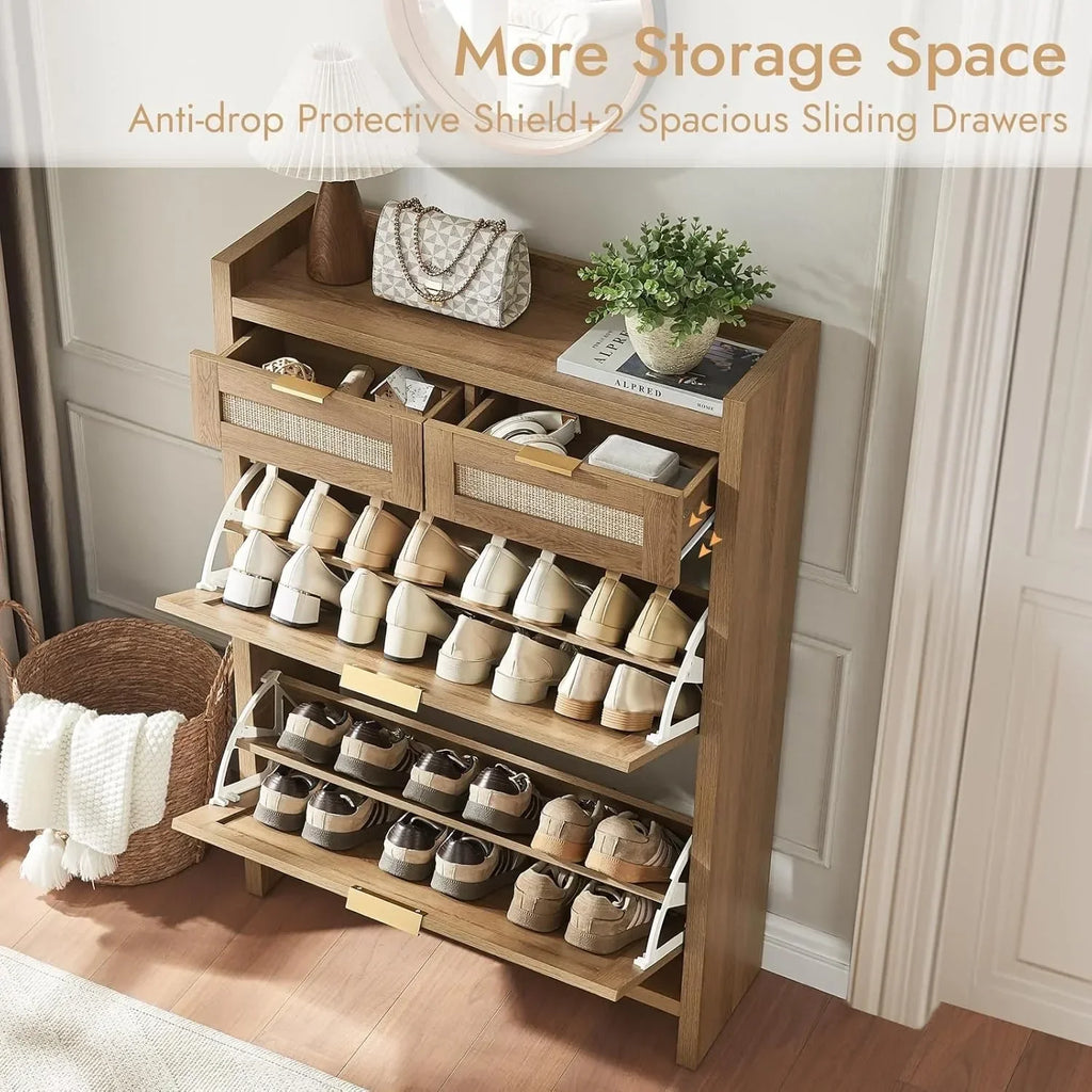 Rattan Shoe Storage Cabinet Slim Entryway Organizer with 2 Drawers And 2 Flip Drawers for Large Tabletop Space Customized