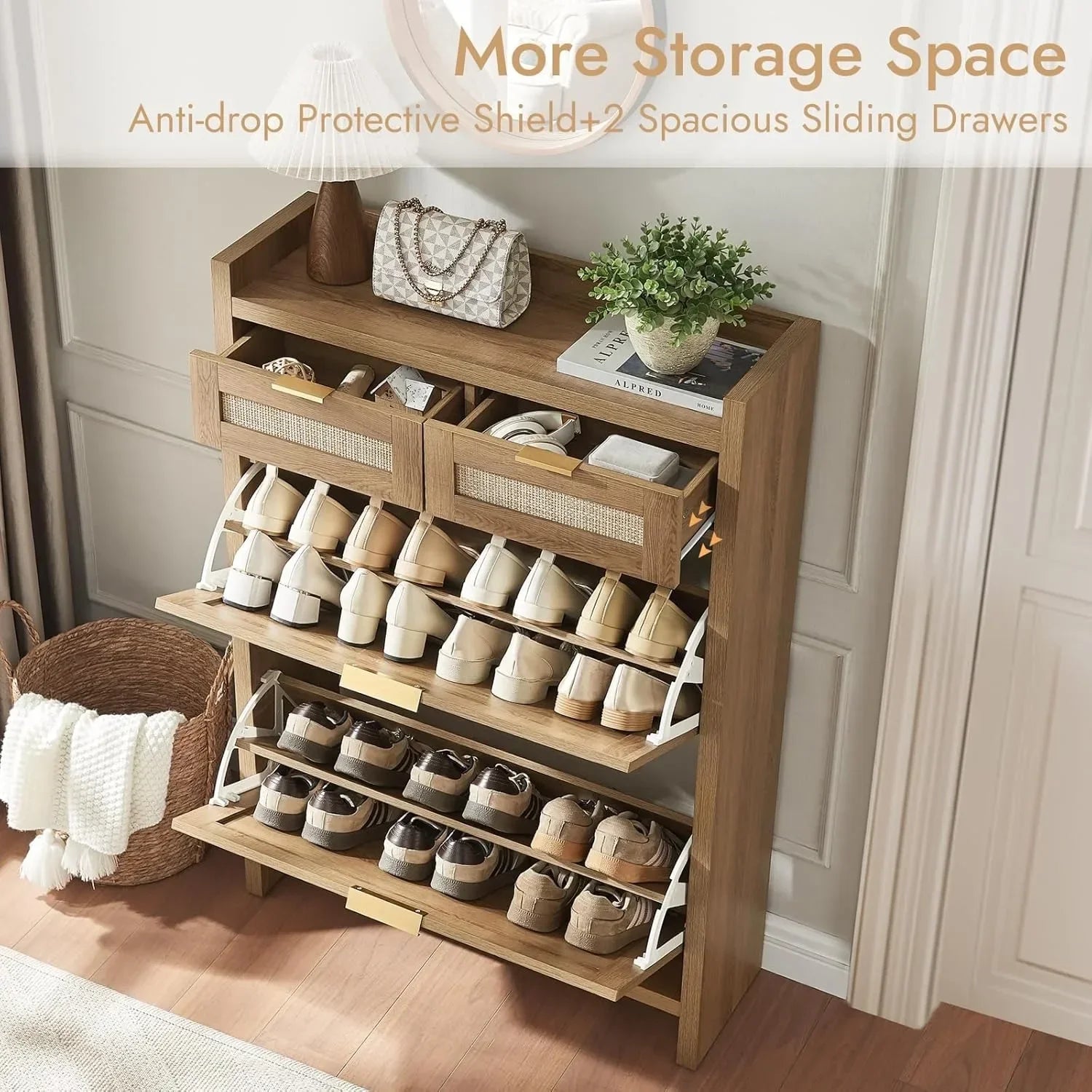 Rattan Shoe Storage Cabinet Slim Entryway Organizer with 2 Drawers And 2 Flip Drawers for Large Tabletop Space Customized
