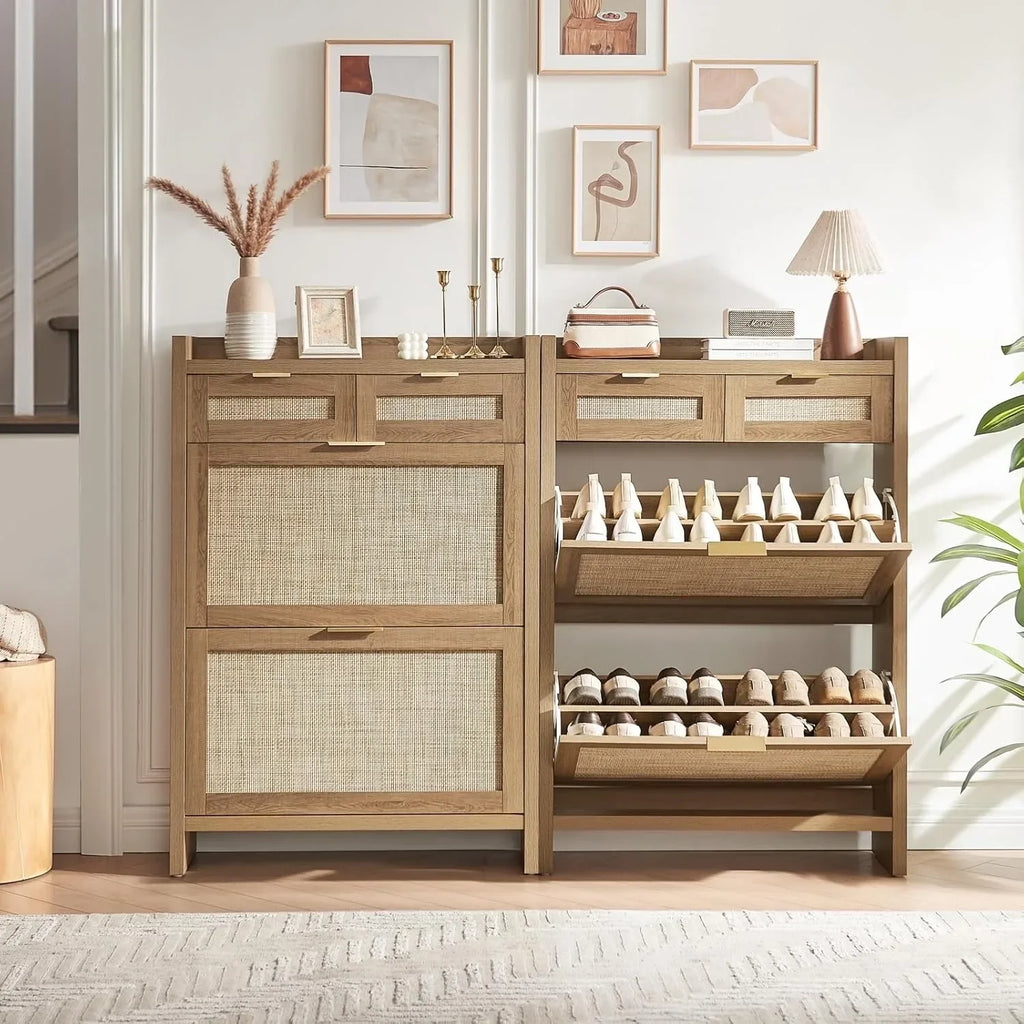 Rattan Shoe Storage Cabinet Slim Entryway Organizer with 2 Drawers And 2 Flip Drawers for Large Tabletop Space Customized