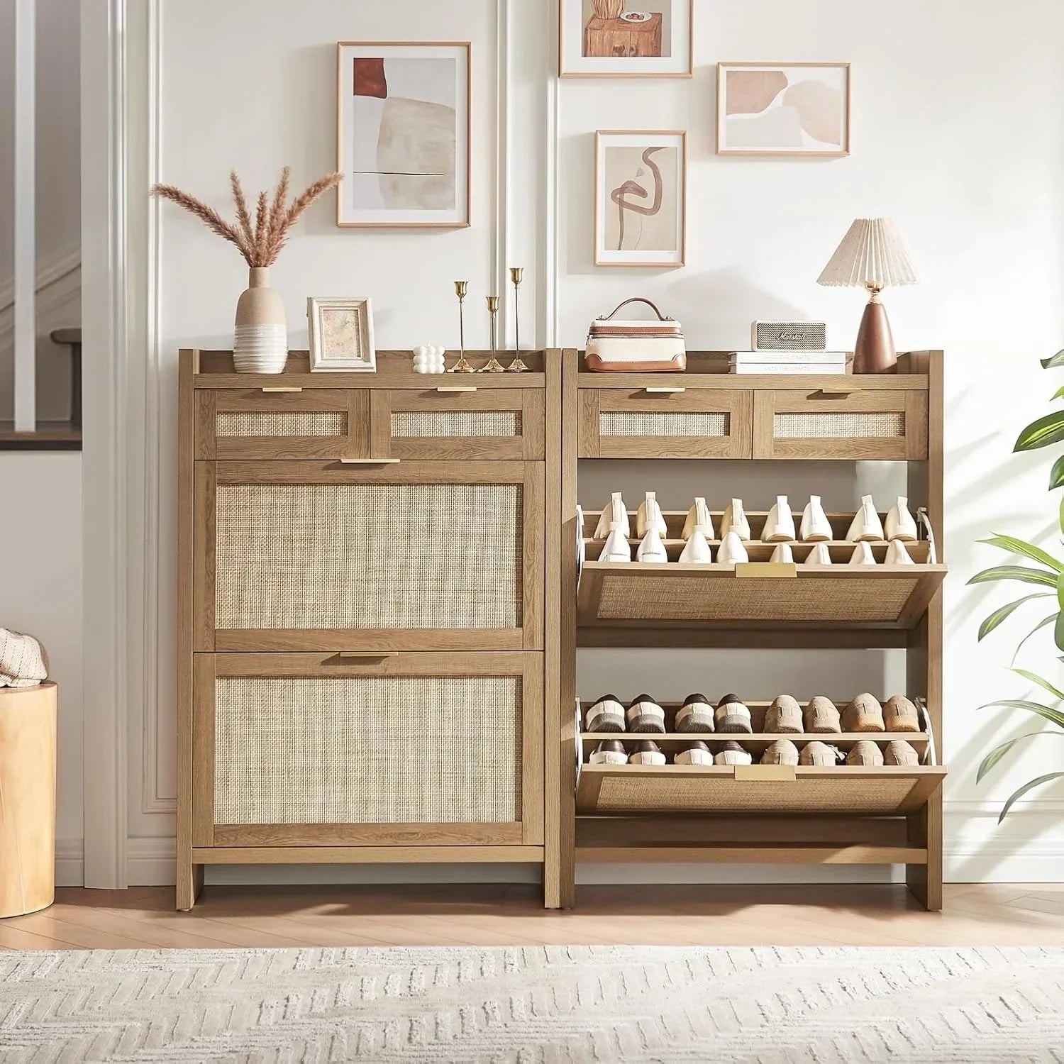 Rattan Shoe Storage Cabinet Slim Entryway Organizer with 2 Drawers And 2 Flip Drawers for Large Tabletop Space Customized