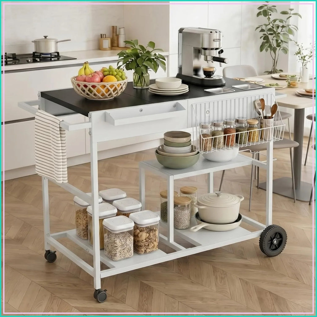 Mobile Kitchen Island with Storage, Rolling Metal Cart, 3 Shelves, Microwave Stand Coffee Bar