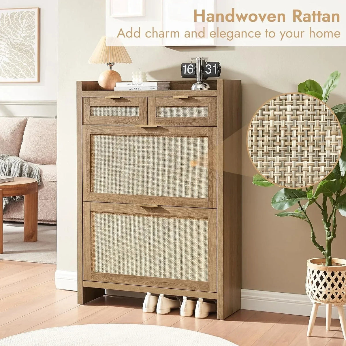Rattan Shoe Storage Cabinet Slim Entryway Organizer with 2 Drawers And 2 Flip Drawers for Large Tabletop Space Customized