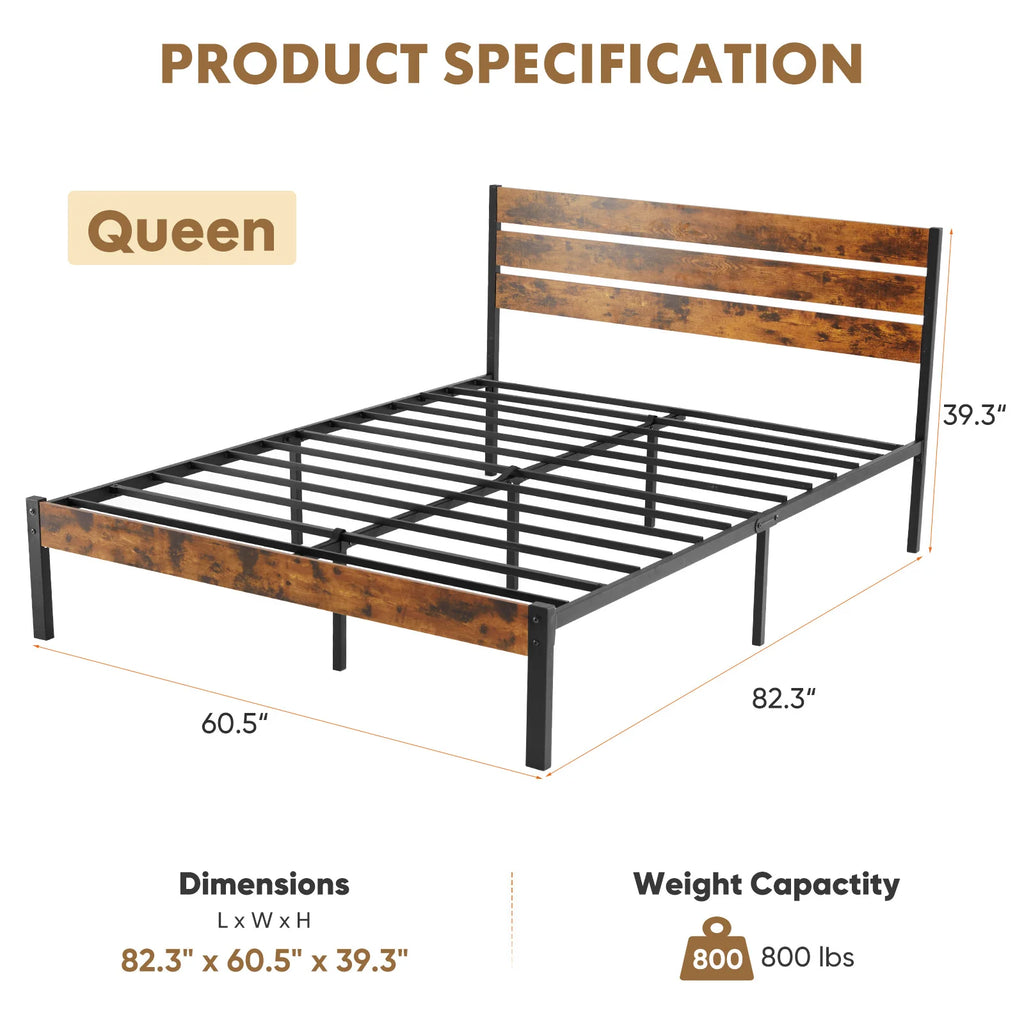 MCQ Wooden Headboard and Metal Platform Bed Frame No Box Spring Needed.