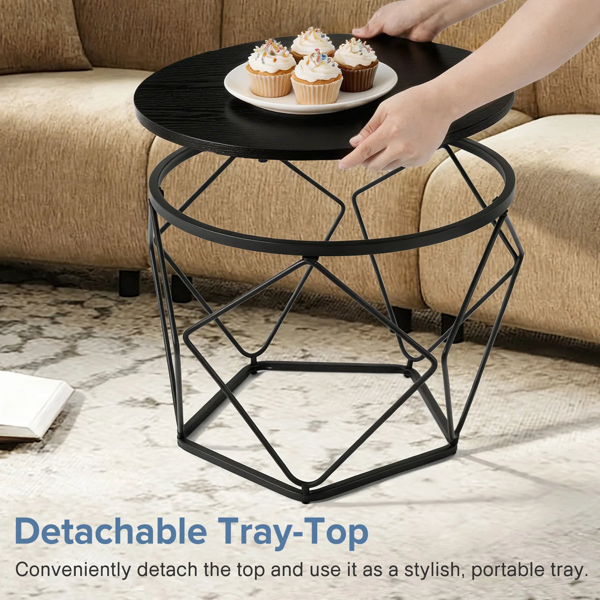 JHK 20IN Round Geometric Coffee Table Set of 2 Movable End Tables,