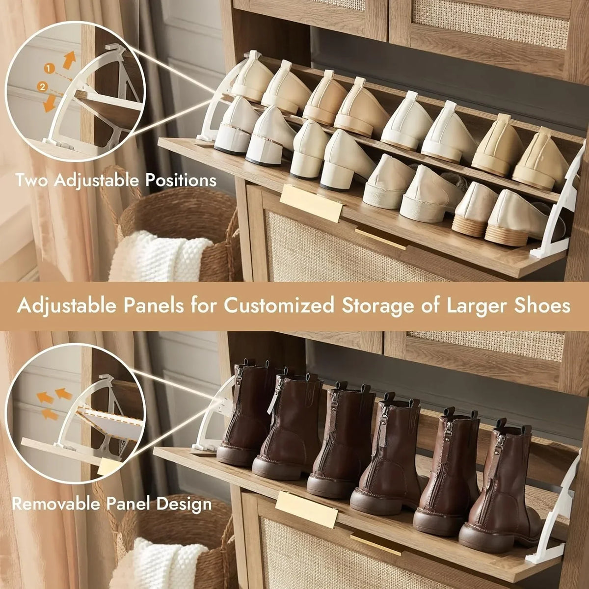 Rattan Shoe Storage Cabinet Slim Entryway Organizer with 2 Drawers And 2 Flip Drawers for Large Tabletop Space Customized