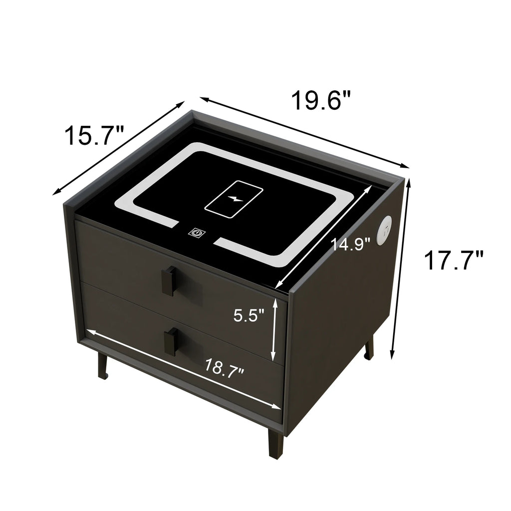 Nightstand with Wireless Charging Station and LED Light, Modern Glass
