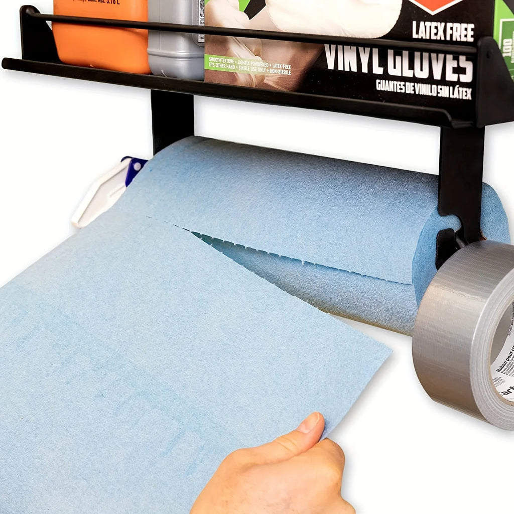 Garage wall mount paper towel holder and storage shelve.