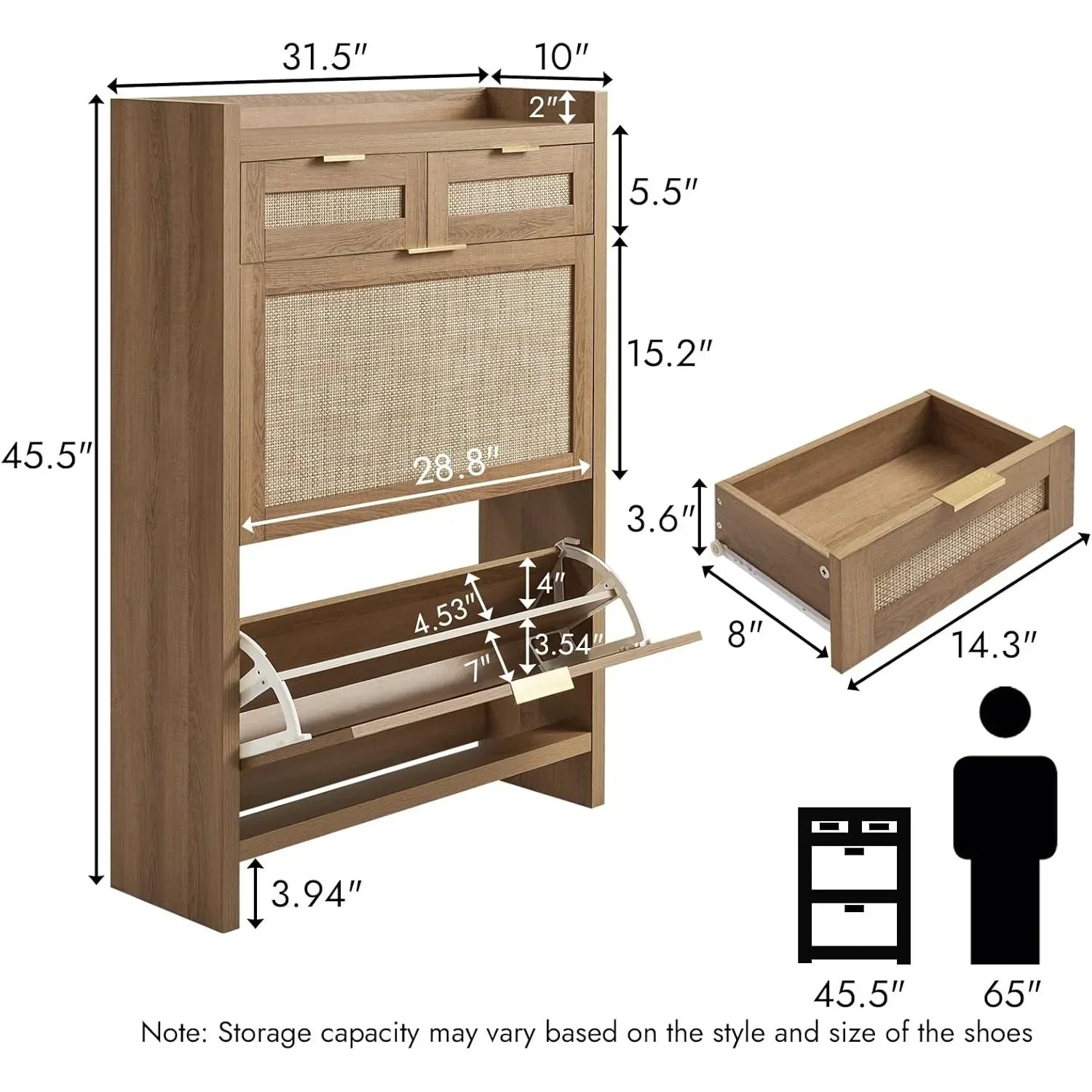 Rattan Shoe Storage Cabinet Slim Entryway Organizer with 2 Drawers And 2 Flip Drawers for Large Tabletop Space Customized