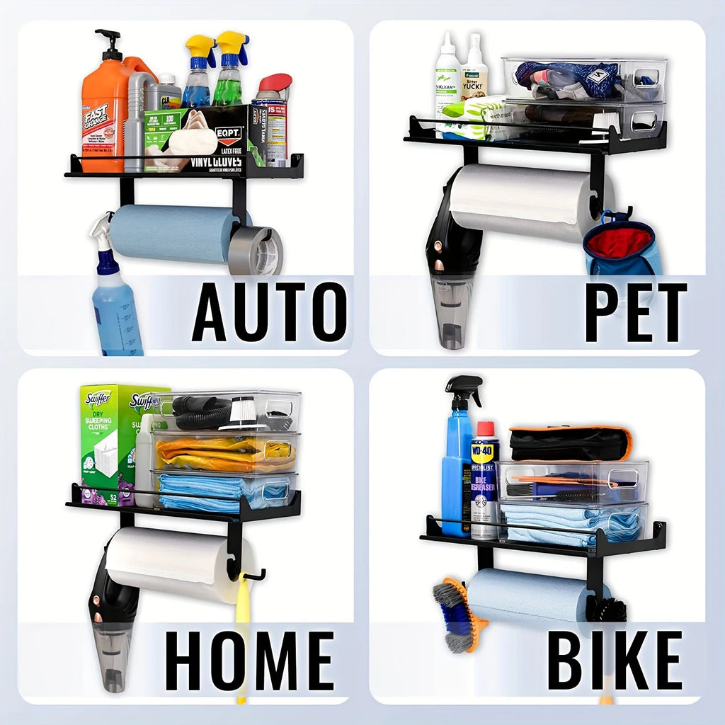 Garage wall mount paper towel holder and storage shelve.