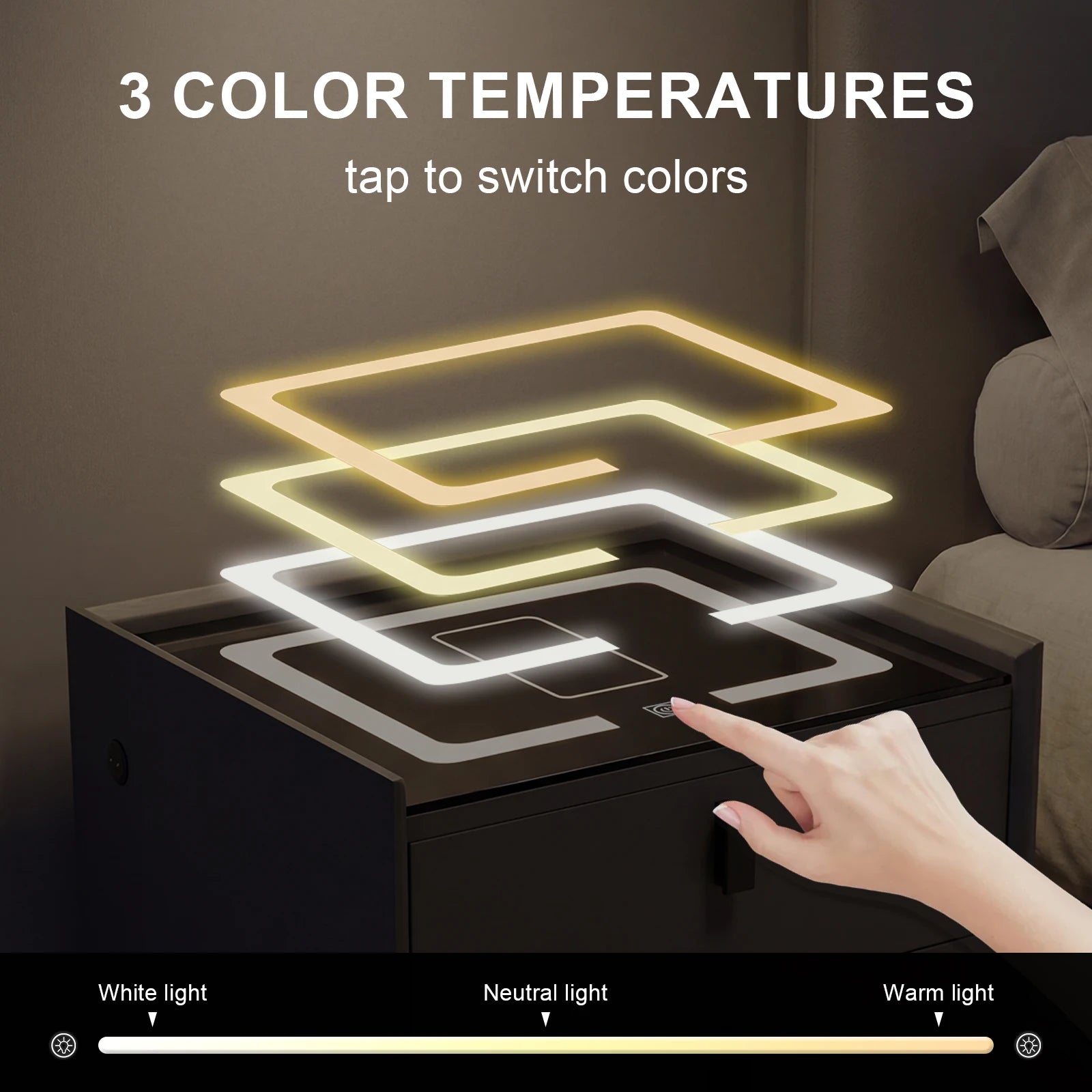 Nightstand with Wireless Charging Station and LED Light, Modern Glass