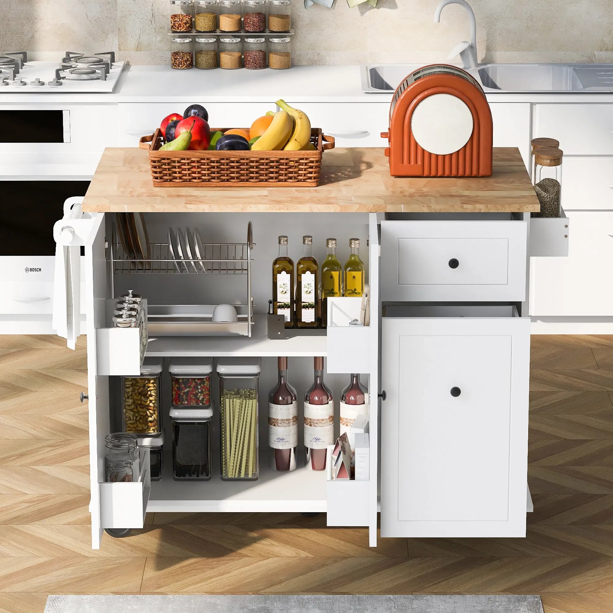 Kitchen Island with Drop Leaf, 53.9" Width Rolling Kitchen Cart .