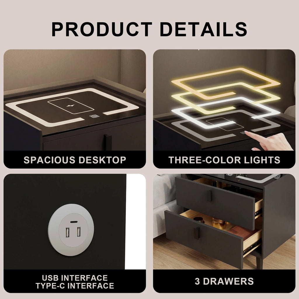 Nightstand with Wireless Charging Station and LED Light, Modern Glass