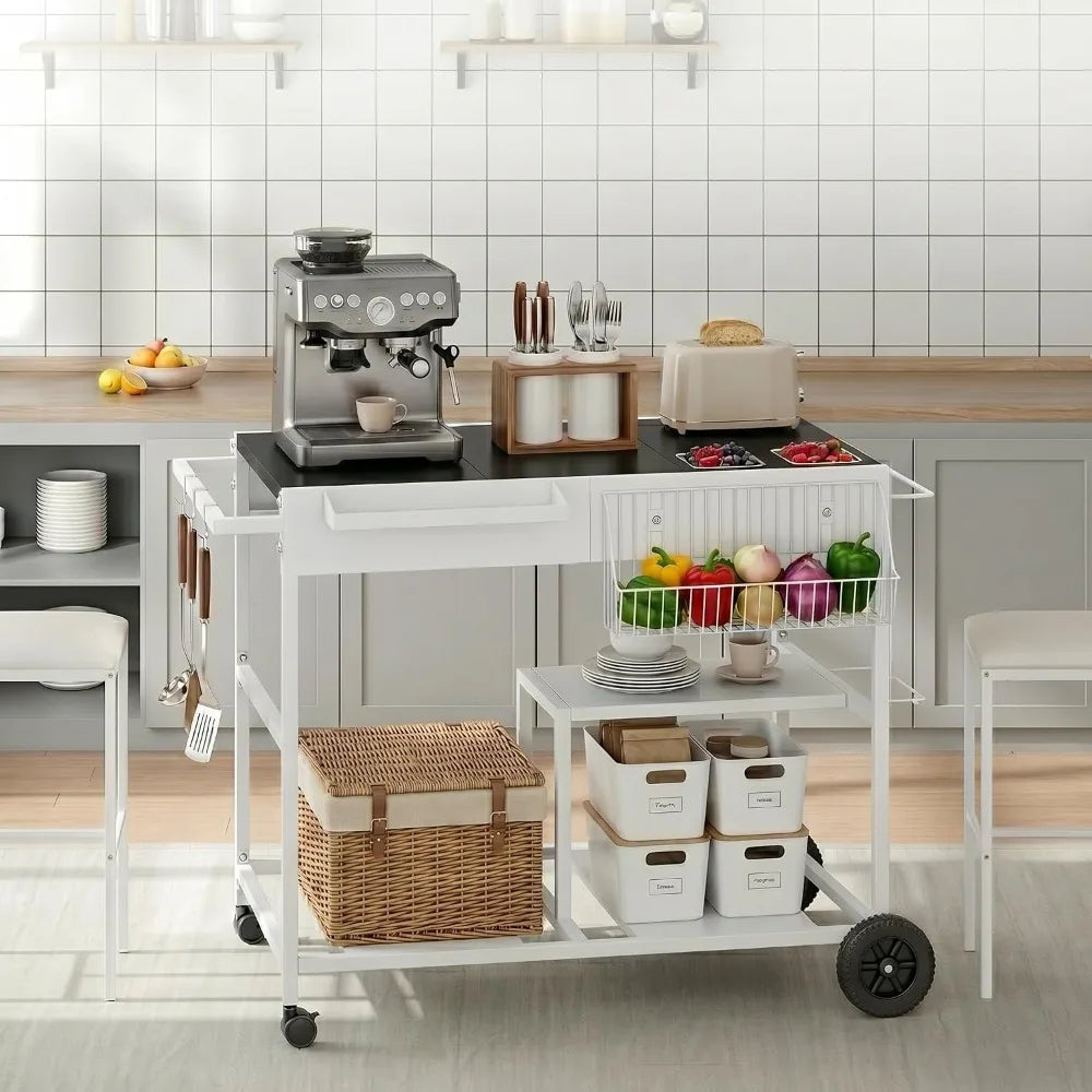 Mobile Kitchen Island with Storage, Rolling Metal Cart, 3 Shelves, Microwave Stand Coffee Bar