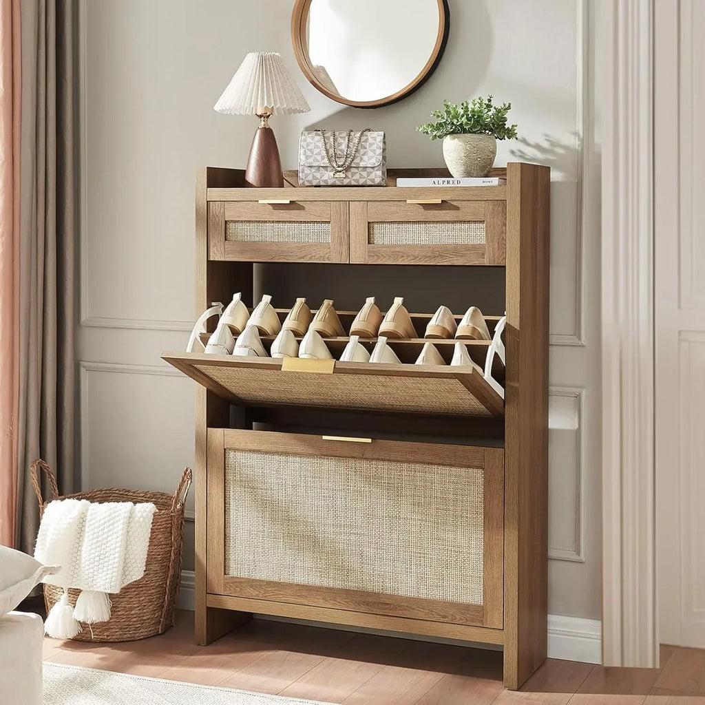 Rattan Shoe Storage Cabinet Slim Entryway Organizer with 2 Drawers And 2 Flip Drawers for Large Tabletop Space Customized