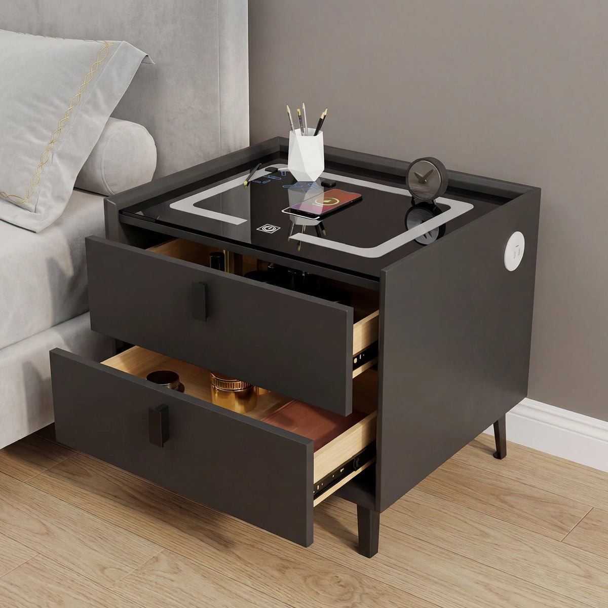 Nightstand with Wireless Charging Station and LED Light, Modern Glass