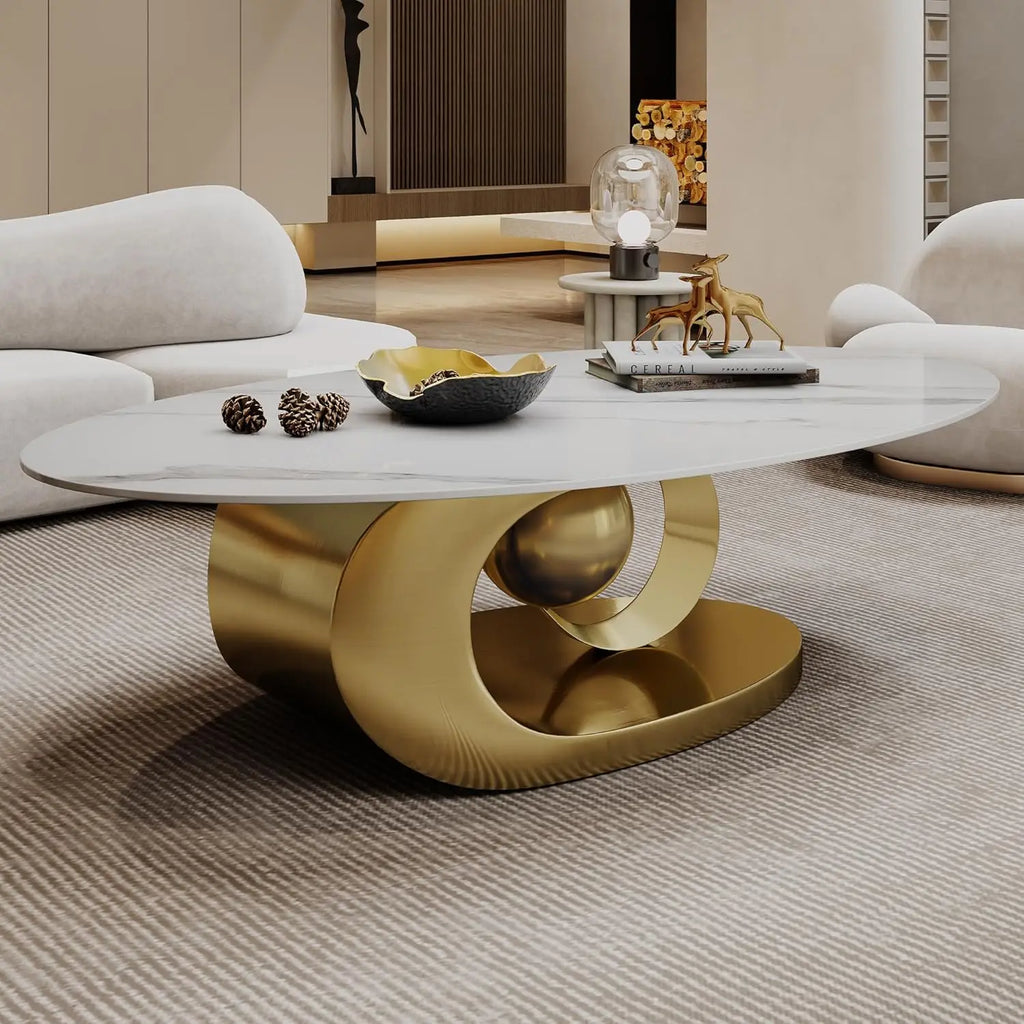 Modern Oval Stone Coffee Table with Gold Metal Base .