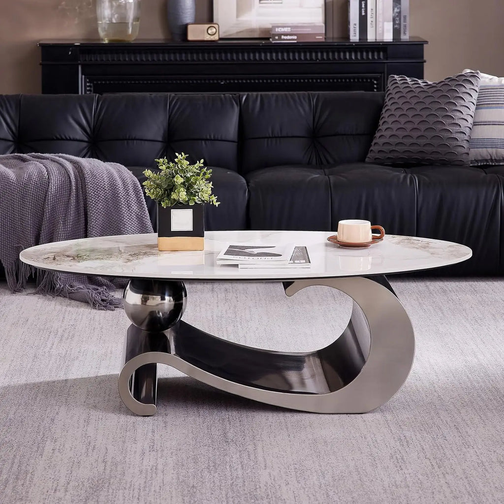 Modern Oval Stone Coffee Table with Gold Metal Base .