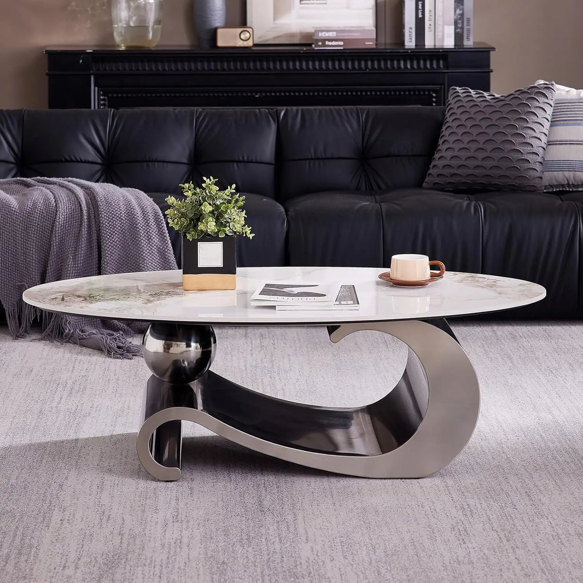 Modern Oval Stone Coffee Table with Gold Metal Base .
