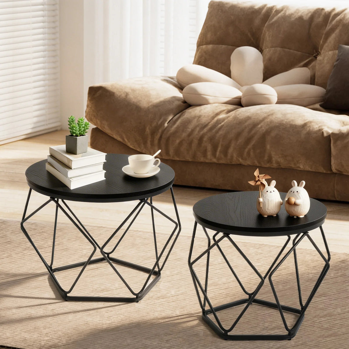 JHK 20IN Round Geometric Coffee Table Set of 2 Movable End Tables,