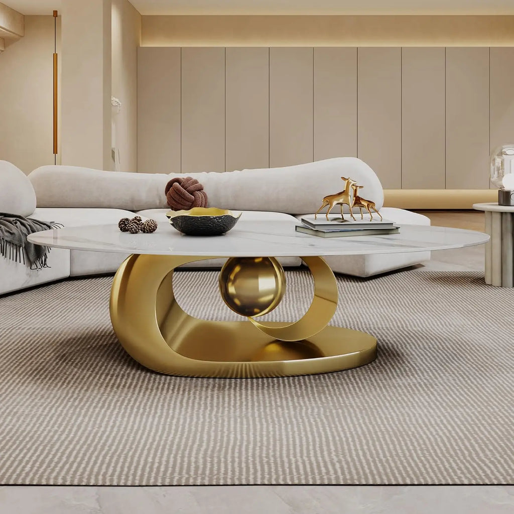 Modern Oval Stone Coffee Table with Gold Metal Base .