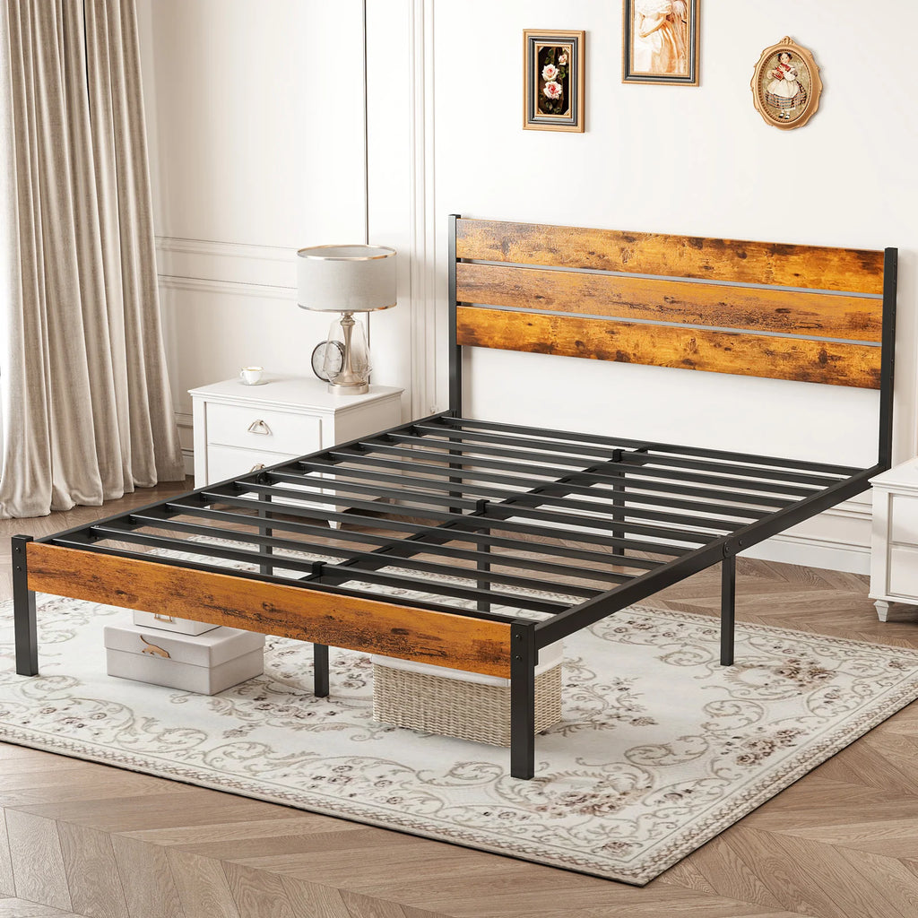 MCQ Wooden Headboard and Metal Platform Bed Frame No Box Spring Needed.