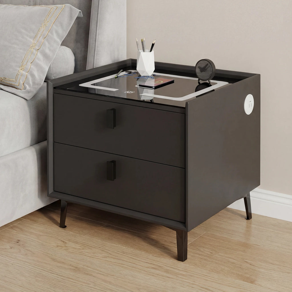 Nightstand with Wireless Charging Station and LED Light, Modern Glass