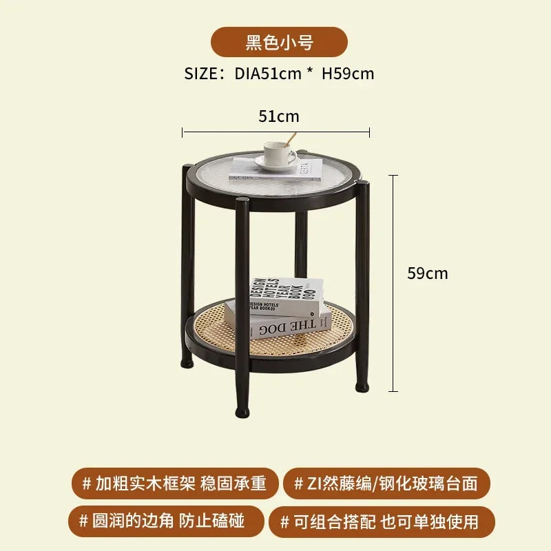 Solid Wood Rattan Woven Coffee Table Living Room Sofa Side Table Japanese Round Glass Table Mobile Storage Ddesk Home Furniture
