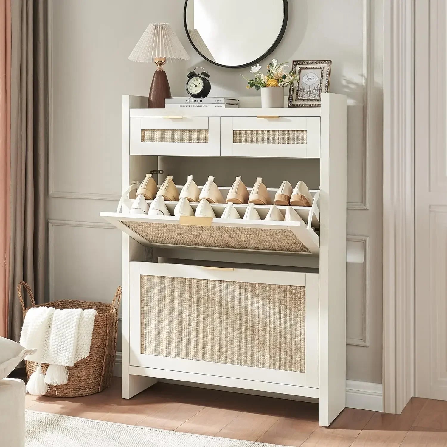 Rattan Shoe Storage Cabinet Slim Entryway Organizer with 2 Drawers And 2 Flip Drawers for Large Tabletop Space Customized