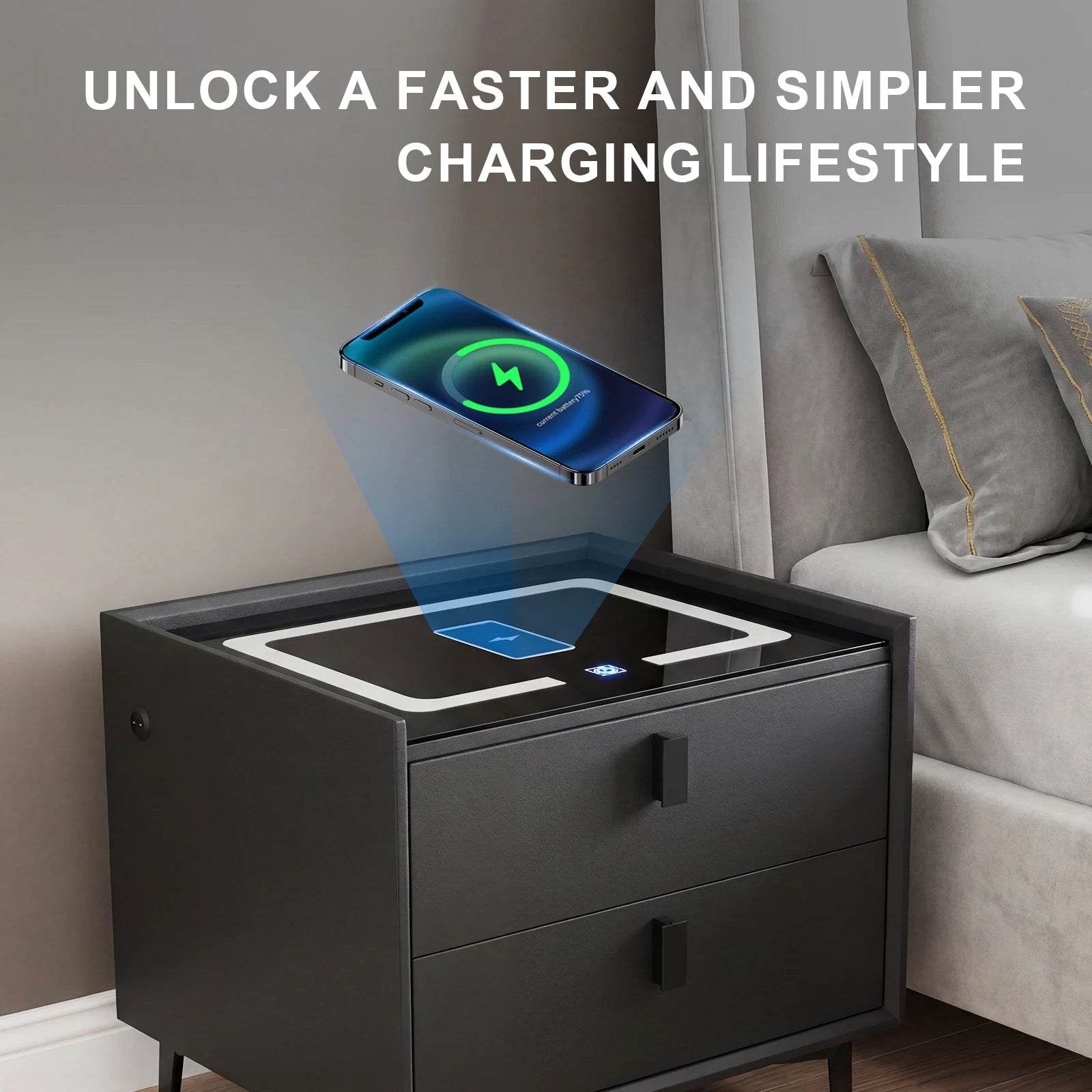Nightstand with Wireless Charging Station and LED Light, Modern Glass