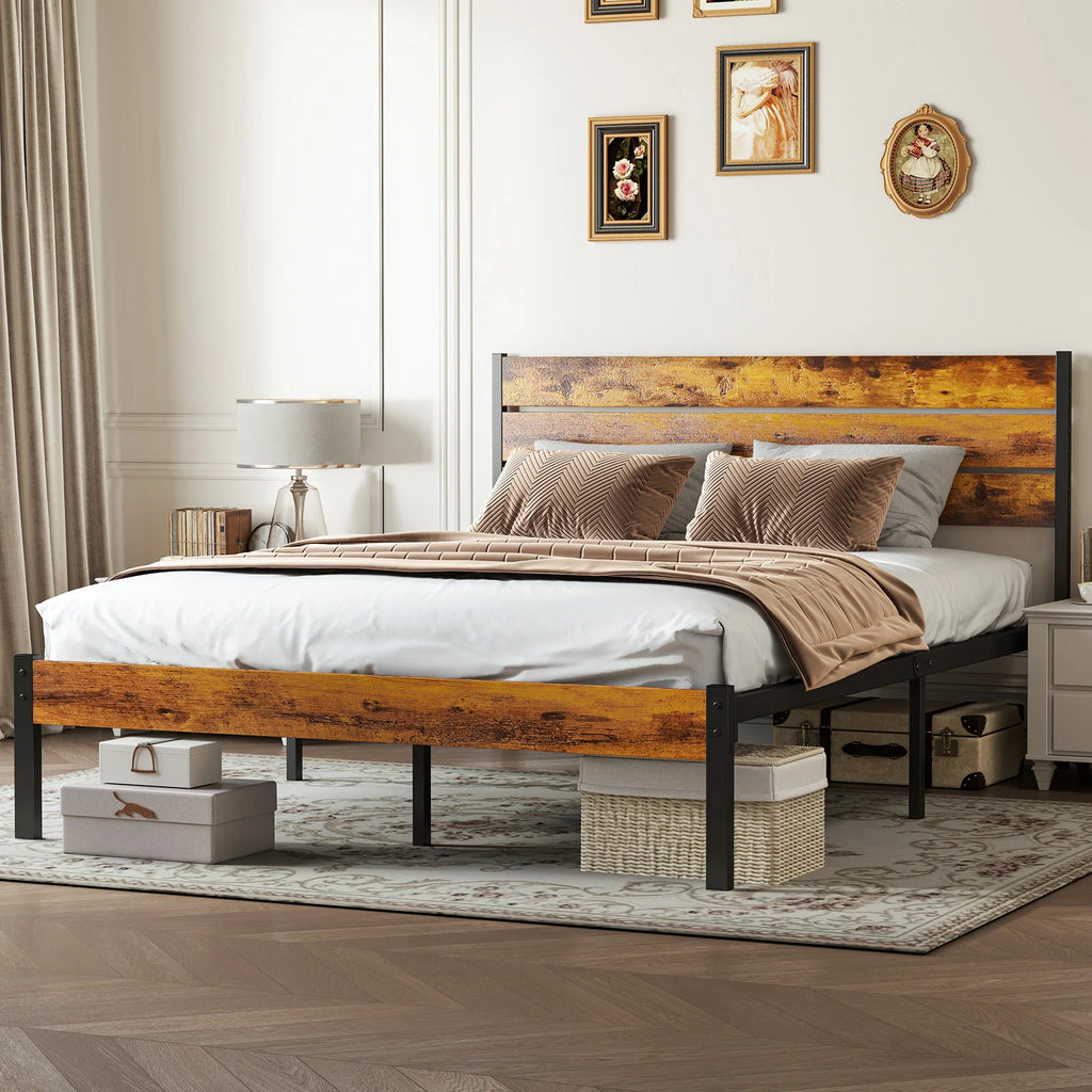 MCQ Wooden Headboard and Metal Platform Bed Frame No Box Spring Needed.